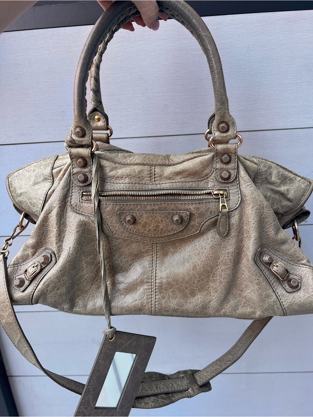 Balenciaga Taupe Leather Shoulder Bag with Mirror Charm